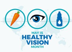 A sign May is Healthy Vision with a picture of a carrot, eye, and eyedrops.